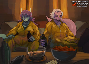 3_horns 5_fingers alcohol anthro beer beer_bottle beverage blue_eyes bottle chips_(food) container cosplay crossover_cosplay duo eyewear facial_horn female fingers food glasses grey_body grey_hair grey_scales hair hazmat_suit horn jewelry long_hair long_tail multi_horn necklace nose_horn patreon_logo pink_body pink_scales purple_hair scales short_hair sitting tail text yellow_eyes deadassspider breaking_bad goodbye_volcano_high ko_op_(game_developer) patreon mrs._roberts_(gvh) reeve_(gvh) aquilops ceratopsian ceratosaurid ceratosaurus dinosaur marginocephalian ornithischian prehistoric_species reptile saurischian scalie theropod 2025 artist_name crossover hi_res watermark