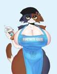 4_fingers >:3 accessory anthro apron areola areola_slip beanie big_breasts black_beanie black_clothing black_eyeshadow black_hat black_headwear blue_apron blue_clothing breasts brown_tail_tip calico_pattern claws clothed clothing collarbone curvy_figure dipstick_tail ear_piercing ears_down eyelashes eyeshadow female finger_claws fingers front_view hat headgear headwear holding_coffee huge_breasts makeup markings mouth_closed narrowed_eyes noseless piercing pin_accessory pin_button pivoted_ears ringed_eyes simple_background skimpy small_waist smile solo tail tail_markings text text_on_apron text_on_clothing thick_thighs white_text yellow_eyes gatoradeew epic_games fortnite meow_skulls calico_cat domestic_cat felid feline felis mammal 2024 absurd_res digital_drawing_(artwork) digital_media_(artwork) english_text hi_res portrait three-quarter_portrait