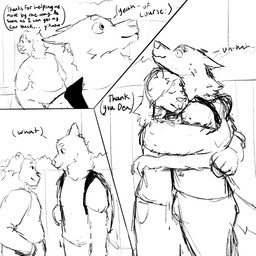 anthro backpack bodily_fluids bottomwear box clothed clothing container denim denim_bottomwear denim_clothing dialogue duo ears_back ears_down ears_up embarrassed erection fence fully_clothed group jeans loving_gaze male male/male mane panel_overlap pants pivoted_ears romantic shorts surprised sweat sweater text topwear funkybirddude_(artist) canid canine canis domestic_dog felid feline lion mammal pantherine wolf 1:1 comic english_text hi_res monochrome sketch