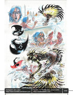 4_fingers 5_fingers 5_toes annoyed arms_bent bathing bathroom bathtub bent_legs black_clothing black_eyebrows black_hat black_headwear blue_hair blue_tongue claws clothing duo empty_eyes eyebrows eyelashes faucet feet female female_human fin fingers green_sclera green_tail hair hat head_fin headgear headwear holding_own_foot inside light looking_at_another male male_humanoid medium_hair membrane_(anatomy) open_mouth partially_submerged red_body red_scales scales shampoo_bottle sitting_in_water splashing_water split_form surprised tail tail_fin text toes tongue webbed_hands wet wet_body axelmedellin inktober witch_(axelmedellin) human humanoid mammal marine merfolk siren 2025 artist_name colored comic dated english_description lighting multiple_scenes painting_(artwork) pen_(artwork) shaded signature traditional_media_(artwork) url