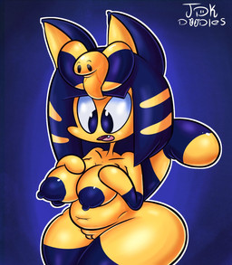 anthro areola big_breasts blue_areola blue_background blue_body blue_eyes blue_fur blue_hair blue_nipples breasts fangs featureless_hands female fur genitals hair hand_on_chest markings nipples nude open_mouth simple_background slightly_chubby solo striped_markings striped_tail stripes tail tail_markings teeth thick_thighs uraeus vulva wide_hips yellow_body yellow_fur jdkdoodles animal_crossing nintendo ankha_(animal_crossing) domestic_cat felid feline felis mammal hi_res