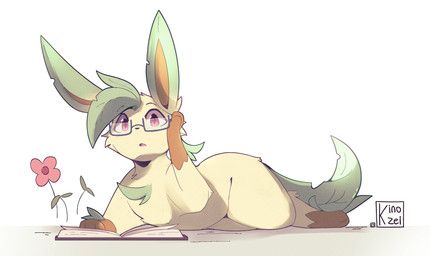 ambiguous_gender book brown_body brown_fur chest_tuft eyewear feral flower fur glasses green_body green_fur head_leaf leaf leaf_tail lying on_front open_mouth plant reading simple_background sitting solo tail tan_body tan_fur tuft white_background kinozel nintendo pokemon eeveelution generation_4_pokemon leafeon pokemon_(species) hi_res signature