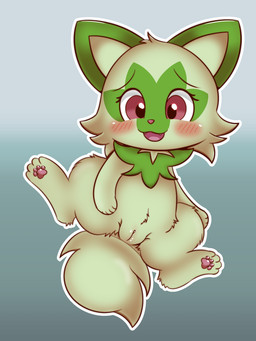 blush chibi clitoris female feral fur genitals green_body green_fur nude pawpads paws pink_eyes smile solo spread_legs spreading vulva young young_female young_feral koufun nintendo pokemon felid feline generation_9_pokemon mammal pokemon_(species) sprigatito 3:4 hi_res