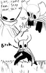 2_horns 5_fingers ambiguous_gender biped black_body black_eyes black_text cloak clothing dialogue duo fingers grass horn plant pose profanity sound_effects standing talking_to_another text white_head skeletorskeletonized hollow_knight team_cherry hornet_(hollow_knight) the_knight_(hollow_knight) arthropod vessel_(species) 2020 digital_media_(artwork) english_text hi_res female_(lore)