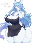 anthro apron apron_only belly big_breasts blue_eyes blue_hair blush breasts clothing ear_tuft female female_anthro fluffy fur hair hand_on_belly hand_on_cheek huge_breasts kemono long_hair mature_female mostly_nude multicolored_ears multicolored_hair multicolored_tail slightly_chubby smile solo tail thick_thighs tuft white_body white_fur baburusushi lily_mari canid canine fox mammal 3:4 hi_res