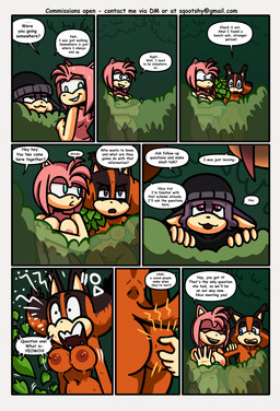 anthro areola big_breasts blue_eyes breasts brown_areola brown_body brown_fur brown_nipples butt_pinch dialogue female fur green_eyes group hair leaf male multicolored_body multicolored_fur nipples orange_body orange_fur pain pinch pink_body pink_fur pink_hair pink_quills plant purple_body purple_fur quills_(anatomy) red_eyes shrub speech_bubble tan_arms tan_hands tan_mouth text trio himitsu sqootshy sega sonic_boom sonic_the_hedgehog_(series) amy_rose sticks_the_jungle_badger american_opossum badger eulipotyphlan hedgehog mammal marsupial mustelid musteline virginia_opossum 2026 absurd_res comic english_text hi_res multiple_scenes