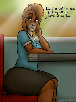 afro anthro big_butt blurred_background bottomwear breasts butt clothing dialogue diner female horn looking_at_viewer mature_anthro mature_female motion_lines name_tag restaurant skirt smile solo talking_to_viewer text thick_thighs waiter wide_hips oystercatcher7 goat_(movie) sony_corporation sony_pictures louise_harris bovid caprine goat mammal 2026 artist_name character_name english_text hi_res