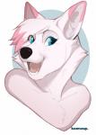 anthro fangs femboy makeup male mascara open_mouth simple_background smile solo teeth emberwood canid canine mammal hi_res