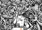 4_fingers anthro blood bodily_fluids creepy detailed_ambient_creature distressed fantasy fingers furniture hand_on_face humanoid_hands male nail showing_teeth surrealism table tears teeth tongue nikraccoom arthropod butterfly canid canine canis humanoid insect lepidopteran mammal wolf detailed monochrome