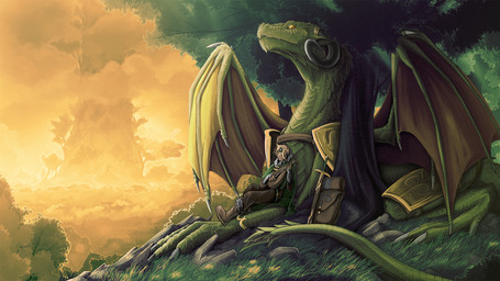ambiguous_gender armor claws detailed_background duo feral looking_up lute male melee_weapon membrane_(anatomy) membranous_wings musical_instrument plucked_string_instrument sitting size_difference string_instrument sword tail weapon wings yellow_eyes chromamancer mythology dragon human mammal mythological_creature mythological_scalie scalie 16:9 2012 hi_res widescreen