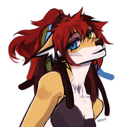 anthro blue_eyes blue_hair brown_nose clothed clothing dreadlocks female glistening glistening_eyes green_eyes green_hair hair mouth_closed multicolored_hair ponytail red_hair simple_background solo white_background white_body yellow_body unknowhiter canid mammal 2018 bust_portrait dated hi_res portrait signature