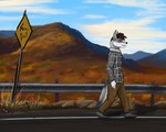 anthro autumn clothed clothing hair hiking landscape_background male mountain nature road solo foxy-boi-2397 canid canine mammal digital_media_(artwork) digital_painting_(artwork) hi_res painting_(artwork)