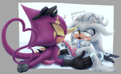 2_penises 3_toes 5_fingers amber_eyes andromorph andromorph/male animal_genitalia animal_penis anthro arm_markings back_spikes big_clitoris black_clothing black_handwear blue_markings blue_necktie blush bodily_fluids body_blush bracelet breast_blush clitoral_hood clitoris clothing cum cunnilingus cute_fangs deep_cunnilingus dialogue duo ear_blush ejaculation emanata erection exclamation_point eye_scar facial_scar fangs feet fingers footwear fucked_silly fur genital_fluids genitals gesture glistening glistening_tongue glowing glowing_markings grey_body grey_clothing grey_footwear grey_fur grey_socks hairy_vulva half-closed_eyes handwear hat head_horn headgear headwear heart_symbol hemipenes horn humanoid_genitalia humanoid_vulva intersex intersex/male jewelry leg_markings long_tail long_tongue looking_at_another looking_at_partner looking_pleasured looking_up male markings mastectomy_scar moan motion_outline multi_genitalia multi_penis multicolored_clothing multicolored_handwear multicolored_spikes musk musk_cloud narrowed_eyes neck_tuft necktie neckwear onomatopoeia oral orgasm orgasm_face outline_speech_bubble penetration penis pink_penis pink_tongue pink_vulva precum pubes pupils purple_body purple_scales saliva saliva_on_pussy saliva_on_tongue scales scar sex shaking silver_(metal) silver_jewelry slit_pupils socks sound_effects speech_bubble spikes spikes_(anatomy) spread_legs spreading sweat sweaty_face tail tail_gesture tail_heart tapering_penis teeth text thought_bubble tilde_after_text toes tongue tongue_out tongue_penetration tuft twitching two_tone_clothing two_tone_handwear vaginal vaginal_fluids vaginal_fluids_on_tongue vaginal_squirting visor_cap vulva white_body white_fur white_sclera wiggle wrist_markings yellow_sclera xx_hahamonsterpp_xx sega sonic_the_hedgehog_(series) espio_the_chameleon silver_the_hedgehog chameleon eulipotyphlan hedgehog lizard mammal reptile scalie absurd_res hi_res trans_(lore) trans_man_(lore)