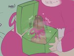 anthro box clothing container dildo dildo_vibrator gift_box green_background heart_after_text heart_symbol humanoid_dildo laugh legwear male musk musk_clouds pink_hood sex_toy simple_background speech_bubble text thick_thighs thigh_highs vibrator tuggg domestic_cat felid feline felis mammal english_text