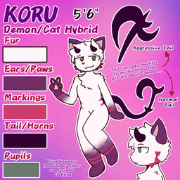 angry anthro black_horn black_tail cheek_tuft chest_tuft eyebrows facial_tuft femboy fluffy fluffy_chest fur fur_markings gesture green_eyes grin hair half-closed_eyes hand_gesture horn looking_at_viewer male markings narrowed_eyes neutral_expression on_one_leg paws pink_body pink_fur pink_nose pink_whiskers purple_body purple_ears purple_fur raised_paw short_hair simple_background simple_coloring smile smirk smug smug_face smug_grin solo standing tail text tuft v_sign whiskers white_body white_fur qkie koru_(qkie) demon domestic_cat felid feline felis hybrid mammal digital_media_(artwork) headshot_portrait hi_res model_sheet portrait