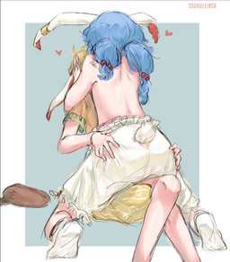 blonde_hair bloomers blue_hair bottomwear butt butt_grab clothed clothing crossed_legs duo ear_clip female female/female footwear furgonomic_bottomwear furgonomics hair hand_on_another's_butt hand_on_another's_head hand_on_butt hat headgear headwear heart_symbol kneeling newsboy_cap obscured_kiss orange_clothing orange_shirt orange_topwear pattern_bottomwear pattern_clothing pattern_shorts scut_tail shirt short_tail shorts simple_background sitting socks striped_bottomwear striped_clothing striped_shorts stripes tail topless topless_female topwear white_bloomers white_bottomwear white_clothing white_ears white_footwear white_socks white_tail yellow_bottomwear yellow_clothing yellow_shorts ssukuleiber touhou ringo_(touhou) seiran animal_humanoid humanoid lagomorph lagomorph_humanoid leporid_humanoid mammal mammal_humanoid rabbit_humanoid