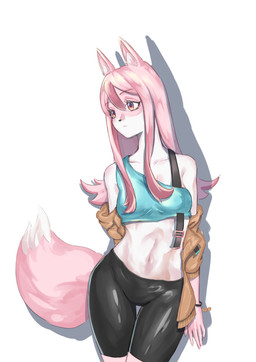 5_fingers anthro black_nose bottomwear bracelet breasts clothed clothing female fingers fluffy fluffy_tail fur hair jewelry long_hair multicolored_body multicolored_fur navel oversized_clothing pink_body pink_eyes pink_fur pink_hair shadow shorts simple_background solo spandex spandex_shorts tail tight_bottomwear tight_clothing tight_shorts translucent translucent_hair white_background white_body white_fur cy9 brand_new_animal studio_trigger nazuna_hiwatashi canid canine fox mammal 2020 absurd_res hi_res