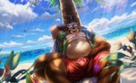 anthro beach belly brown_body brown_fur bulge clothed clothing detailed_background fur humanoid_hands male moobs nipples open_clothing open_shirt open_topwear outside overweight overweight_anthro overweight_male seaside shirt sitting solo swimwear topwear nviek5 canid canine mammal raccoon_dog tanuki 2021 hi_res