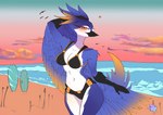 anthro arthropod_abdomen beach belly bikini black_body black_feathers blue_body blue_feathers bra clothing detailed_background feathers female gradient_fur heart_symbol navel one_eye_closed orange_body orange_eyes orange_feathers pose sea seaside sky solo sundown sunset swimwear tail tail_feathers two-piece_swimsuit underwear water wings wink smolspearrow harper_(hatham) avian bird flat_colors hi_res model_sheet