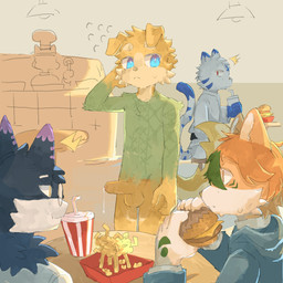 5_fingers anthro arm_markings arm_tuft balls blue_clothing blue_eyes blue_hoodie blue_markings blue_topwear bodily_fluids bodypaint brown_balls brown_penis burger chef_hat chest_tuft claws clothing container cup dipstick_ears dipstick_tail drinking_straw ear_markings elbow_tuft emanata erection exhibitionism eyebrows eyewear facial_markings facial_tuft finger_claws fingers floppy_ears fluffy fluffy_tail food foreskin fries fur furgonomics genital_fluids genitals glasses gloves_(marking) green_eyes green_hair grey_nose group hair hand_behind_head hand_markings hat head_markings headgear headwear holding_object hoodie humanoid_genitalia humanoid_penis karate_belt keikogi kemono looking_at_genitalia looking_at_penis male male_anthro markings martial_arts_uniform multicolored_body multicolored_ears multicolored_fur navel nude_anthro nude_male orange_eyebrows orange_eyes orange_hair penis precum precum_string public public_nudity purple_markings red_eyes restaurant round_glasses shirt shoulder_tuft sitting sportswear standing sweat sweatdrop tail tail_markings tan_body tan_eyebrows tan_fur topwear tuft two_tone_body two_tone_fur white_body white_clothing white_eyebrows white_fur white_inner_ear white_shirt white_topwear yellow_body yellow_eyes yellow_fur young young_anthro young_male regcron crowl_(regcron) canid canine canis domestic_dog felid feline mammal 1:1 2026 character_request hi_res