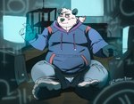 5_fingers 5_toes anthro barefoot belly biped bottomwear brown_body brown_fur clothed clothing computer electronics feet fingers fur furniture holographic_screen hoodie looking_at_object looking_at_screen machine male overweight overweight_anthro overweight_male sitting smile solo technology toes topwear white_body white_fur camburbear hartz_zuri bear giant_panda mammal ursine absurd_res hi_res