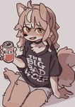 ahoge alcohol anthro barefoot beer beverage beverage_can blush bottomwear clothing cute_fangs drunk fangs feet female female_anthro flat_chested fur hair holding_beverage holding_object kemono looking_at_viewer open_mouth shirt shorts solo substance_intoxication t-shirt tail teeth text text_on_clothing toes topwear yagi_the_goat canid canine canis mammal wolf 2024 digital_media_(artwork) hi_res