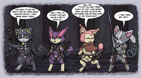 armor bandage beaded_bracelet beaded_jewelry beads bell bell_collar belt belt_buckle blood blood_on_weapon bodily_fluids book bracelet buckle claymore cloak clothing collar cowl crossbow dagger ear_piercing eye_scar eyewear facial_scar female feral frown fur gauntlets genitals glasses gloves group hand_crossbow handwear harness head_scar holding_book holding_object holding_weapon jewelry leather leather_armor leg_scar lip_scar melee_weapon notched_ear pauldron piercing ranged_weapon sack scar scarf semi-anthro smile speech_bubble spikes staff sword tail text torn_clothing vulva weapon rymherdier beta_pokemon_games nintendo pokemon pokemon_gold_beta pokemon_mystery_dungeon spike_chunsoft bliss_(rymherdier) candy_the_skitty rynring vicky_(rymherdier) beta_pokemon_(species) felid generation_3_pokemon generation_4_pokemon generation_5_pokemon mammal pokemon_(species) purrloin rinrin_(pokemon_gold_beta) skitty digital_media_(artwork) english_text