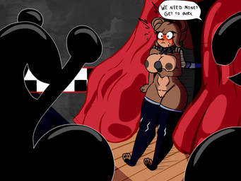 anthro areola blush blush_lines blushing_profusely bodily_fluids bow_tie breasts clothing crowd dialogue electronics eyelashes female freckled_face freckles genitals group leggings legwear long_eyelashes microphone mostly_nude motion_lines navel nipples nude pawpads solo speech_bubble stage stage_curtains sweat vulva bell-thing five_nights_at_freddy's fredina's_nightclub scottgames freddy_(fnaf) frenni_(cryptiacurves) bear mammal 4:3 absurd_res hi_res