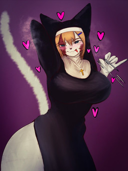 anthro big_breasts blue_eyes blush breasts clothing cross cross_necklace dress female gesture jewelry looking_at_viewer necklace nun nun_outfit pose scar simple_background solo suggestive suggestive_gesture tongue tongue_out white_body wide_hips inudium domestic_cat felid feline felis mammal 3:4 hi_res