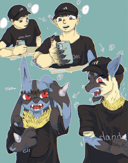 3_fingers anthro black_body black_fur blue_body blue_fur bodily_fluids brown_hair cellphone claw_growth claws clothing ear_growth electronics fangs fingers forced forced_transformation four_frame_sequence fur fur_growth fur_tuft growth hair hat headgear headwear human_to_anthro male multicolored_body multicolored_fur open_mouth oversized_clothing oversized_topwear phone pokemon_transformation red_eyes sharp_teeth shocked smartphone snout snout_growth solo species_transformation sweat sweatdrop teeth topwear transformation transformation_sequence tuft yellow_body yellow_fur kusochibikemona nintendo pokemon generation_4_pokemon human lucario mammal pokemon_(species) absurd_res hi_res sequence