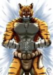 abs anthro biceps biped bottomwear brown_body brown_fur clothed clothing fangs fur loincloth looking_at_viewer male muscular muscular_anthro muscular_male orange_eyes pecs pink_nose solo standing stripes teeth topless white_body white_fur baroque_(artist) felid mammal pantherine tiger hi_res