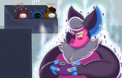 anthro astronaut_suit aura controller electronics exclamation_point game_controller gamecube_controller grey_eyes grey_hair group hair male nintendo_controller ultra_instinct megacoolbear ambient_among_us among_us gamecube innersloth nintendo boot_(character) cinna_(megacoolbear) bat bear mammal ursine hi_res meme