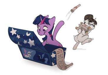 eyewear female feral glasses hair hair_bun horn nervous scroll simple_background smile solo throwing treasure_chest pybs3r friendship_is_magic hasbro my_little_pony mythology raven_inkwell_(mlp) twilight_sparkle_(mlp) equid equine mammal mythological_creature mythological_equine unicorn hi_res