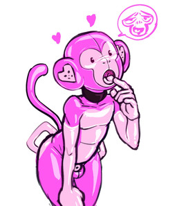 anthro balls chastity_cage chastity_device clothing collar condom_suit genitals glistening glistening_body glistening_clothing glistening_latex glistening_mask glistening_thighs gloves_(marking) handle_bar handles_on_hips heart_symbol latex latex_clothing latex_skinsuit male markings pink_body pink_latex raised_tail seam_(sewing) simple_background simple_eyes skinsuit solo tail tight_clothing owy toy_ooky haplorhine mammal monkey primate hi_res