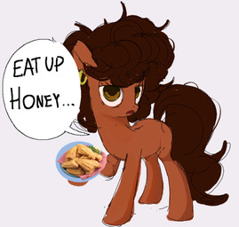 brown_body brown_eyes brown_fur brown_hair ear_piercing ear_ring female feral fish_meat food fur hair meat offering_food piercing ring_piercing simple_background text white_background anonymous_artist hasbro my_little_pony fan_character equid equine horse mammal pony english_text