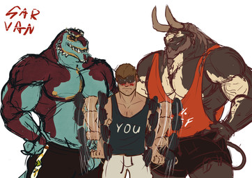 anthro blush bodily_fluids bottomwear brown_body brown_fur clothing dumbbell exercise fur group horn human_on_anthro interspecies larger_anthro male male/male multicolored_body multicolored_fur muscular muscular_anthro muscular_male nipples pants pecs shirt shirtless shorts size_difference smaller_human sweat tank_top teeth topwear weightlifting weights workout garvan bovid bovine cattle dinosaur human mammal prehistoric_species reptile saurischian scalie theropod tyrannosaurid tyrannosauroid tyrannosaurus tyrannosaurus_rex absurd_res hi_res