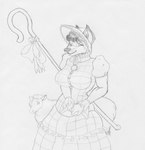 ambiguous_gender anthro big_breasts breasts clothed clothing dress duo female feral fur headgear headwear shepherd's_crook wool_(fur) danellz bovid canid canine canis caprine mammal sheep wolf 2011 monochrome sketch traditional_media_(artwork)