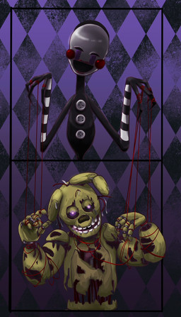 anthro duo glowing glowing_eyes machine puppet simple_background shinku426_off_(artist) five_nights_at_freddy's five_nights_at_freddy's_2 five_nights_at_freddy's_3 scottgames marionette_(fnaf) springtrap_(fnaf) animatronic humanoid lagomorph leporid mammal rabbit robot 2017 digital_media_(artwork) hi_res