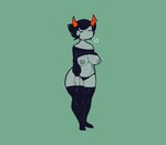 areola belly big_breasts black_clothing black_hair breasts clothed clothing eyes_closed female freckled_breasts freckles grey_areola grey_body grey_skin hair half_naked horn leggings legwear navel nipples orange_horn partially_clothed sigh solo stockings underwear unusual_anatomy unusual_horn wide_hips conditional_dnp welwraith homestuck ms_paint_adventures kanaya_maryam alien humanoid troll_(homestuck)