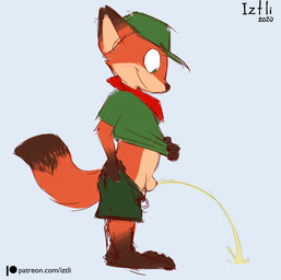 animal_genitalia animal_penis anthro balls barefoot blue_background bodily_fluids bottomwear bottomwear_down canine_genitalia canine_penis clothed clothing clothing_lift feet flaccid genital_fluids genitals green_eyes hat headgear headwear male male_peeing partially_clothed peeing penis scouts sheath shirt shirt_lift shorts shorts_down shota simple_background smile solo standing text topwear urine urine_stream young young_anthro young_male iztli disney zootopia nick_wilde canid canine fox mammal red_fox true_fox 2020 dated digital_media_(artwork) hi_res url