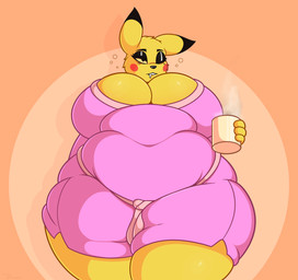 anthro bathrobe biped black_ear_tips bodily_fluids breasts clothed clothing container cup dipstick_ears drooling ear_markings eyelashes female front_view fur holding_object mug multicolored_ears obese obese_female overweight overweight_female pink_clothing pink_robe pupils red_cheeks robe saliva simple_background solo standing thick_thighs yellow_body blepwep nintendo pokemon britney_(blepwep) generation_1_pokemon pikachu pokemon_(species) hi_res