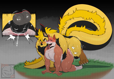 all_fours anal anthro anus balls big_muscles big_pecs big_tail blush bodily_fluids close-up cum cum_inside duo fur genital_fluids genitals grass horn knot male muscular pecs plant sweat tail tongue tongue_out yellow_body yellow_fur had0u mythology dergun canid canine dragon furred_dragon furred_scalie mammal mythological_creature mythological_scalie scalie