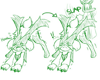 ambiguous_gender anthro blush blush_lines butt_slap claws directional_arrow duo embarrassed exclamation_point eyes_closed fangs obscured_eyes open_mouth paws shocked simple_background slap solo stretching tail teeth yawn furumi92 nintendo pokemon felid feline gardevoir generation_3_pokemon generation_9_pokemon humanoid mammal meowscarada pokemon_(species) 2026 5:4 hi_res