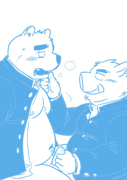 anthro belly blush duo erection genitals handjob humanoid_genitalia humanoid_hands humanoid_penis kemono male male/male moobs overweight overweight_male penile penis sex simple_background sitting white_background kick_(artist) bear mammal suid suine sus_(pig) wild_boar 2015 sketch
