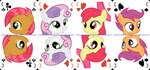 2023 absurd_res accessory apple_bloom_(mlp) babs_seed_(mlp) blue_hair bow_ribbon card clubs_(suit) cutie_mark_crusaders_(mlp) diamonds_(suit) earth_pony equid equine female feral freckles friendship_is_magic green_eyes grin group hair hair_accessory hair_bow hair_ribbon hasbro headshot_portrait hearts_(suit) hi_res horn horse knight_of_clubs knight_of_diamonds knight_of_hearts knight_of_spades mammal multicolored_hair my_little_pony mythological_creature mythological_equine mythology orange_body orange_eyes parclytaxel pegasus pink_hair playing_card playing_card_template pony portrait purple_eyes red_hair ribbons scootaloo_(mlp) simple_background smile smiling_at_viewer spades_(suit) suit_symbol sweetie_belle_(mlp) symmetry symmetry_(rotational) tarot_nouveau two_tone_hair unicorn white_background white_body wings yellow_body