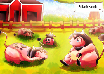 2_horns barn black_body black_fur blue_eyes blush blush_lines cloud day detailed_background eyes_closed farm female fence feral fur glistening glistening_body grass group horn light lying pink_body pink_fur plant shadow sitting sky tail tail_orb teats text text_box thick_thighs tree udders felipotyphlosion nintendo pokemon bovid bovine cattle generation_2_pokemon mammal miltank pokemon_(species) hi_res lighting