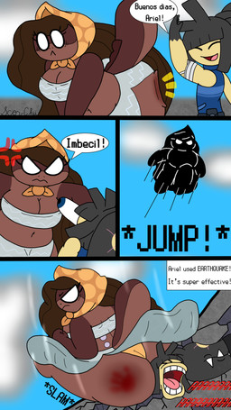 aaaaa angry anthro bent_over big_breasts big_butt breasts butt butt_crush butt_slam butt_slap clothed clothing clothing_lift cross-popping_vein duo eyes_popping_out female larger_female male male/female panties screaming shocked size_difference slap smaller_male spank_marks spanking text underwear voluptuous_female scor-chii buenos_dias_mandy nintendo pokemon ariel_(unfortu-nate) fang_(scor-chii) clodsire generation_3_pokemon generation_9_pokemon mawile pokemon_(species) 4k 9:16 absurd_res comic english_text hi_res meme spanish_text