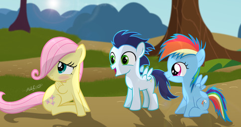 blue_body blue_fur blue_hair blush cutie_mark feathered_wings feathers female feral fur grass green_eyes grey_body grey_feathers grey_fur group hair landscape male multicolored_hair multicolored_tail outside pink_hair plant purple_eyes rainbow_hair rainbow_tail shadow sky smile spread_wings sun tail tree wings yellow_body yellow_feathers yellow_fur young shutterflyeqd friendship_is_magic hasbro my_little_pony mythology fluttershy_(mlp) rainbow_dash_(mlp) soarin_(mlp) wonderbolts_(mlp) equid equine mammal mythological_creature mythological_equine pegasus 2016 absurd_res hi_res