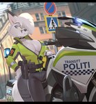 anthro black_bars blue_eyes breasts building city cleavage clothed clothing crossing_sign female fur hair hair_over_eye motor_vehicle motorcycle no_symbol norway number number_on_vehicle one_eye_obstructed outside pedestrian_crossing_sign planted_sign police police_officer road_sign sign solo street_sign symbol text urban vehicle white_body white_fur window year zipper hinget sabrina_frost canid canine fox mammal 2023 absurd_res artist_name digital_media_(artwork) hi_res norwegian_text widescreen