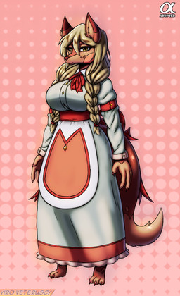 anthro big_breasts blonde_hair breasts brown_body brown_fur clothed clothing digit_ring dress female fur hair jewelry ring solo yellow_eyes viroveteruscy if_hell_had_a_taste francine_rogers canid canine fox mammal 2025 absurd_res digital_media_(artwork) hi_res